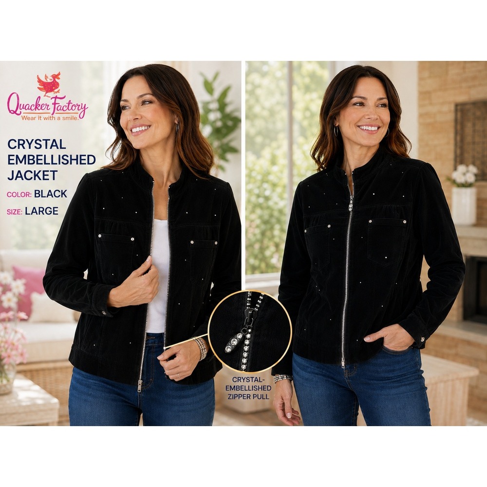 NWT Quacker Factory Women's L Black Corduroy Crystal Rhinestone Zip Jacket #1821